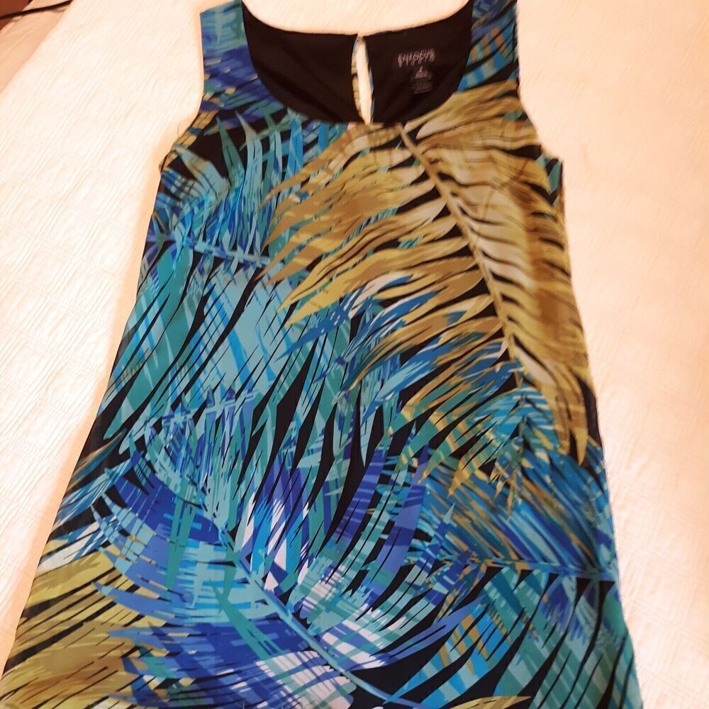 EnFocus Studio Dress Size 4 Palm Leaves Sleeveless Blues Tan Green Lightweight